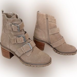 Leather booties with chunky block heel, buckles, zipper closure, only worn once.